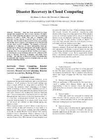 Disaster Recovery in Cloud Computing