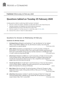 Questions Tabled on Tue 25 Feb 2020