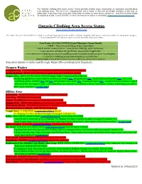 Ontario Climbing Area Access Status” Listing Provides Climber Access Information on Commonly Inquired-About Rock Climbing Areas