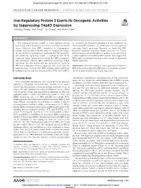 Iron Regulatory Protein 2 Exerts Its Oncogenic Activities by Suppressing Tap63 Expression Yanhong Zhang1, Xiuli Feng1,2, Jin Zhang1, and Xinbin Chen1