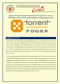 Report on Final Campus Placement for Torrent Power. Ltd. on 25Th January, 2019 at S. R. Luthra Institute of Management, Surat