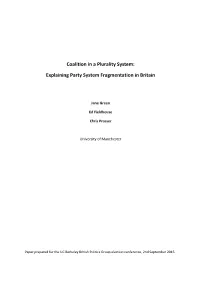 Coalition in a Plurality System: Explaining Party System