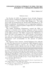 Upholding Judicial Supremacy in India: the Njac Judgment in Comparative Perspective