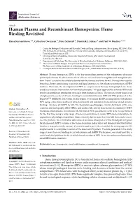 Human Plasma and Recombinant Hemopexins: Heme Binding Revisited