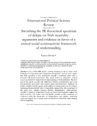 Stretching the IR Theoretical Spectrum of Debate on Irish Neutrality: Arguments and Evidence in Favor of a Critical Social Constructivist Framework of Understanding