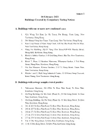 Annex 1 10 February 2021 Buildings Covered by Compulsory Testing Notices A. Buildings with One Or More New Confirmed Cases B. Bu
