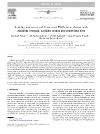 Stability and Structural Features of DNA Intercalation with Ethidium Bromide, Acridine Orange and Methylene Blue