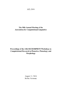 Proceedings of the 14Th SIGMORPHON Workshop on Computational Research in Phonetics, Phonology, and Morphology