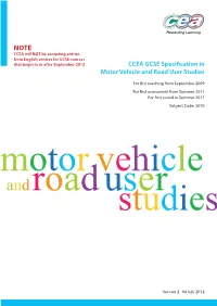 CCEA GCSE Specification in Motor Vehicle and Road User Studies
