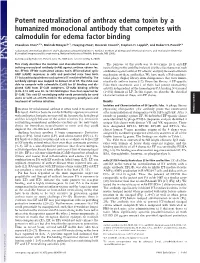 Potent Neutralization of Anthrax Edema Toxin by a Humanized Monoclonal Antibody That Competes with Calmodulin for Edema Factor Binding