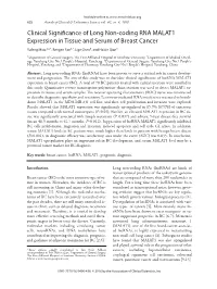 Clinical Significance of Long Non-Coding RNA MALAT1 Expression in Tissue and Serum of Breast Cancer