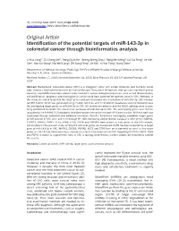 Original Article Identification of the Potential Targets of Mir-143-3P in Colorectal Cancer Through Bioinformatics Analysis