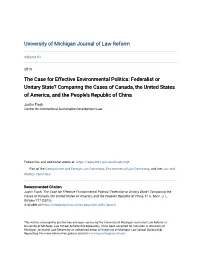 The Case for Effective Environmental Politics: Federalist Or Unitary State? Comparing the Cases of Canada, the United States Of