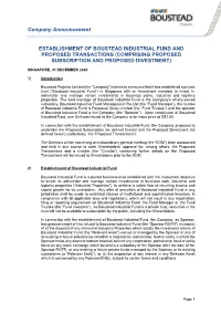 Establishment of Boustead Industrial Fund and Proposed Transactions (Comprising Proposed Subscription and Proposed Divestment)