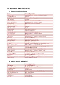 List of Interested and Affected Parties
