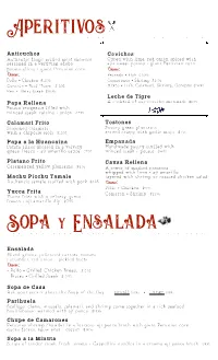 Machu Picchu Dinner Menu 2019
