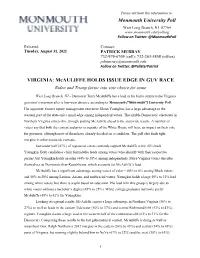 Monmouth University Poll VIRGINIA: Mcauliffe HOLDS ISSUE EDGE