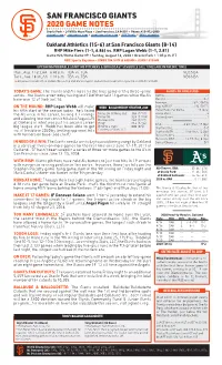 San Francisco Giants 2020 Game Notes