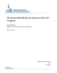 The Project Bioshield Act: Issues for the 113Th Congress