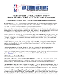 Utah's Mitchell and Philadelphia's Simmons Unanimously Selected to 2017-18 Nba All-Rookie First Team