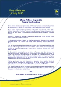 Sharp Airlines to Provide Tasmanian Services