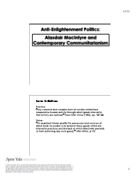 Anti-Enlightenment Politics: Alasdair Macintyre and Contemporary Communitarianism