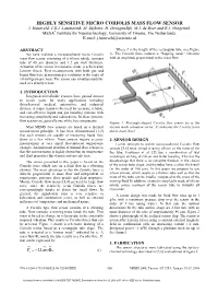 Highly Sensitive Micro Coriolis Mass Flow Sensor J