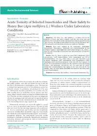 Acute Toxicity of Selected Insecticides and Their Safety to Honey Bee (Apis Mellifera L.) Workers Under Laboratory Conditions