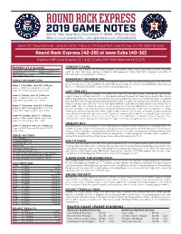 Round Rock Express 2019 GAME NOTES 3400 E