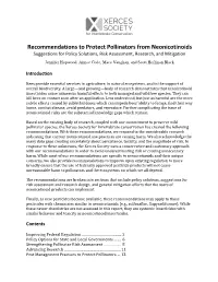 Recommendations to Protect Pollinators from Neonicotinoids