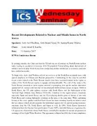 Recent Developments Related to Nuclear and Missile Issues in North Korea
