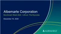 Albemarle Corporation Benchmark Week 2020 - Lithium: the Keynotes