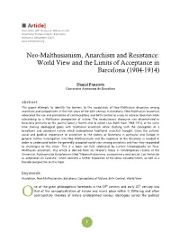Neo-Malthusianism, Anarchism and Resistance: World View and the Limits of Acceptance in Barcelona (1904-1914)
