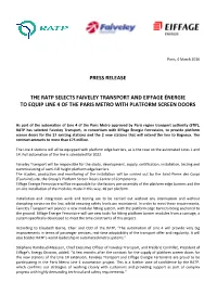 Press Release the Ratp Selects Faiveley Transport and Eiffage Énergie To