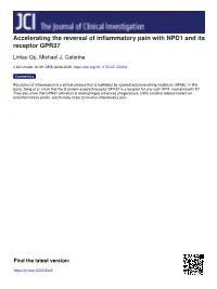 Accelerating the Reversal of Inflammatory Pain with NPD1 and Its Receptor GPR37