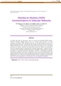Machine-To-Machine (M2M) Communications in Vehicular Networks