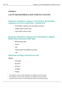 List of Representations and Evidence Received