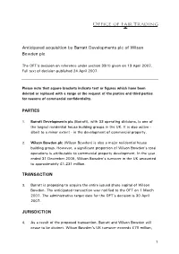 Anticipated Acquisition by Barratt Developments Plc of Wilson Bowden Plc