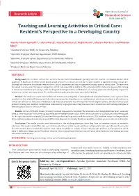 Teaching and Learning Activities in Critical Care: Resident’S Perspective in a Developing Country