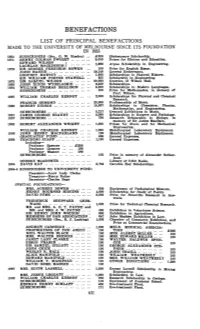 BENEFACTIONS LIST of PRINCIPAL BENEFACTIONS MADE to the UNIVERSITY of MELBOURNE SINCE ITS FOUNDATION in 1853 1864 SUBSCRIBERS (Sec, G