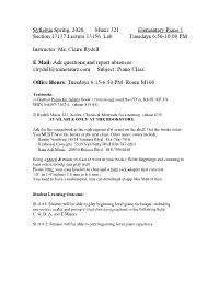 Syllabus Spring, 2020 Music 321 Elementary Piano 1 Section 13137 Lecture 13156 Lab Tuesdays 6:50-10:00 PM