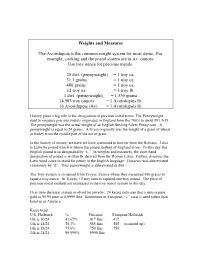 Weights and Measures the Avoirdupois Is the Common Weight System for Most Items. for Example, Cooking and the Postal System
