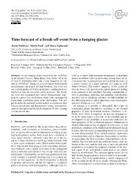 Time Forecast of a Break-Off Event from a Hanging Glacier