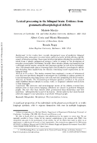 Lexical Processing in the Bilingual Brain: Evidence from Grammatical/Morphological Deficits