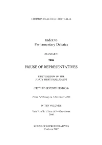 Index to Parliamentary Debates HOUSE of REPRESENTATIVES