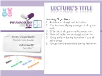 Learning Objectives: 1. Relation of Drugs and Lactation 2. Factors Modifying Passage of Drugs in Milk 3