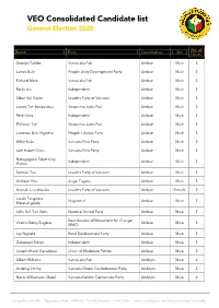 VEO Consolidated Candidate List General Election 2020