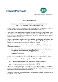 Merger Between Banco Popolare and BPM Through the Incorporation of a New Banking Holding in the Form of Joint Stock Company (The “Newco”)