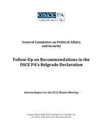 Follow-Up on Recommendations in the OSCE PA's Belgrade Declaration