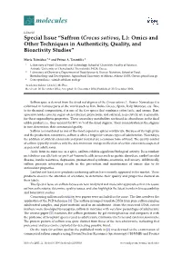 Saffron (Crocus Sativus, L.): Omics and Other Techniques in Authenticity, Quality, and Bioactivity Studies”